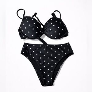 Relleciga Women’s 2 Piece Bikini Black/White Polka Dots Size XL Top/Med Bottoms 